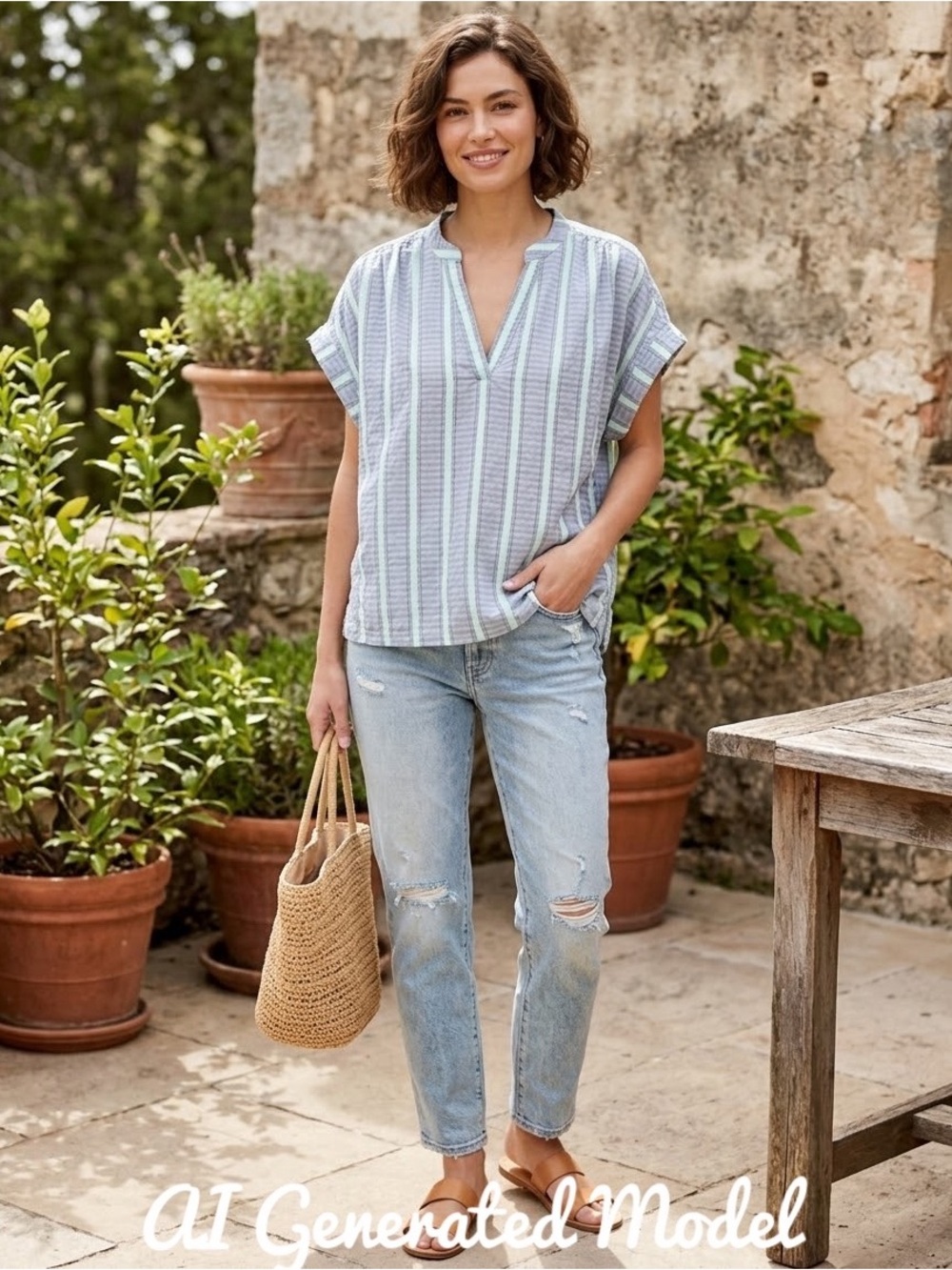 Evereve Light Blue and White Striped V-Neck Short Sleeve Tunic Size M
